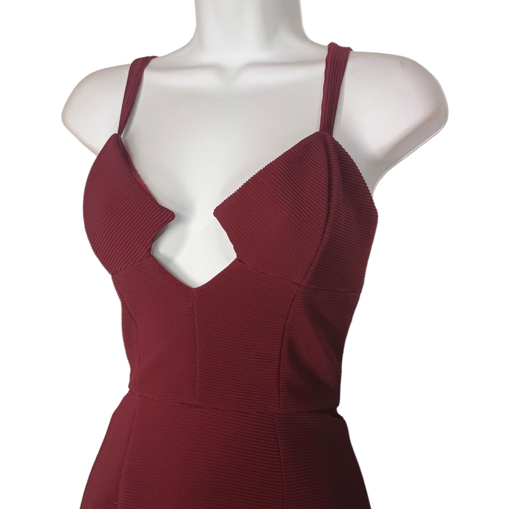 AGAIN Burgundy Wine Red Diamond Neckline Sheath Midi Party Cocktail Dress Small - Picture 2 of 8